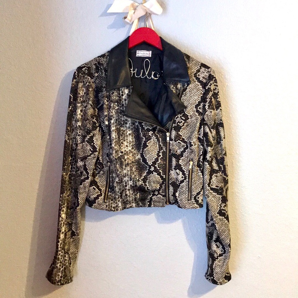 Faux Leather Snakeskin Python Crop Jacket - image 3